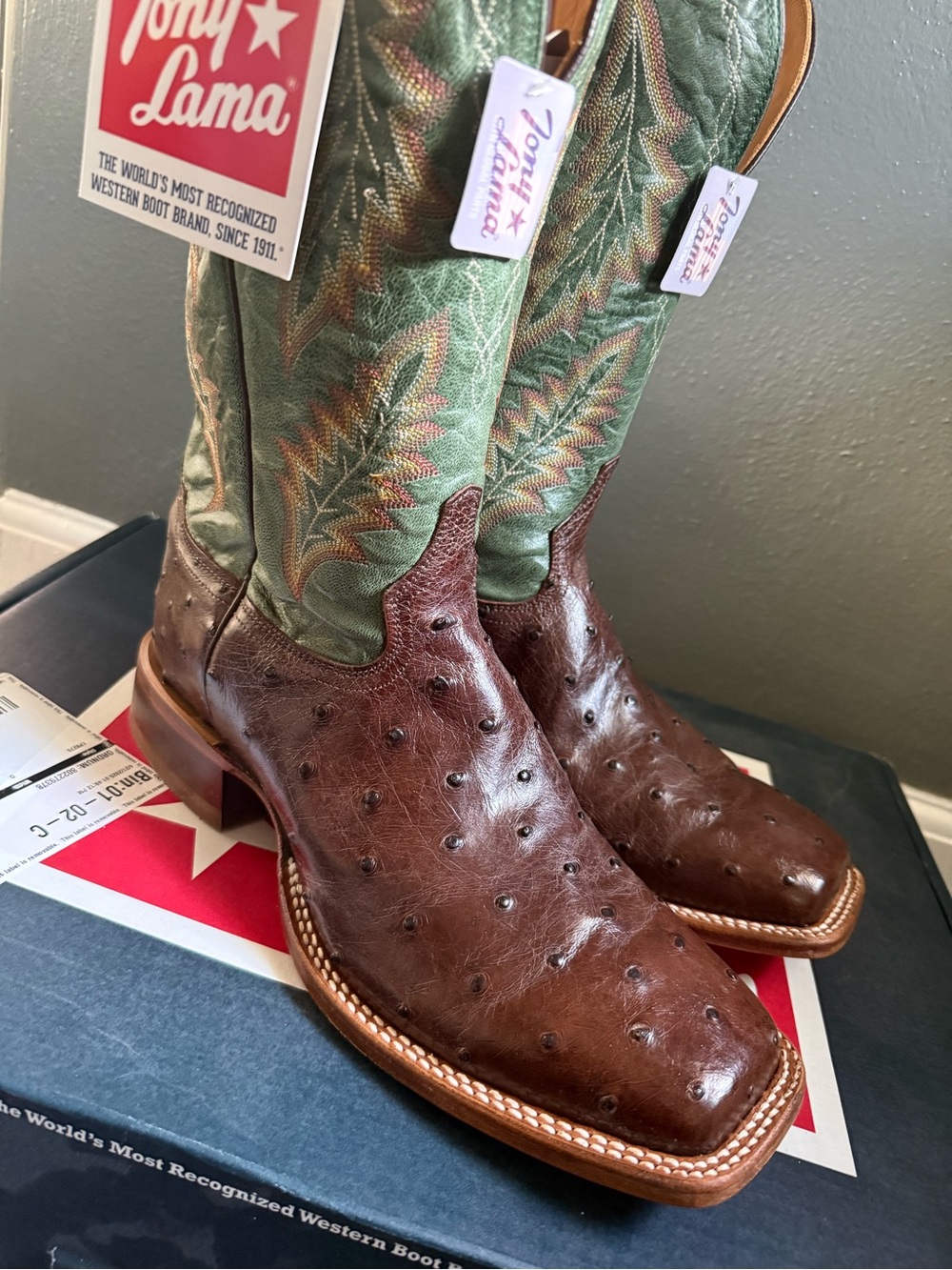 Tony Lama Brown Ostrich Western Boots with Green Embroidered Shaft - Picture 5 of 9